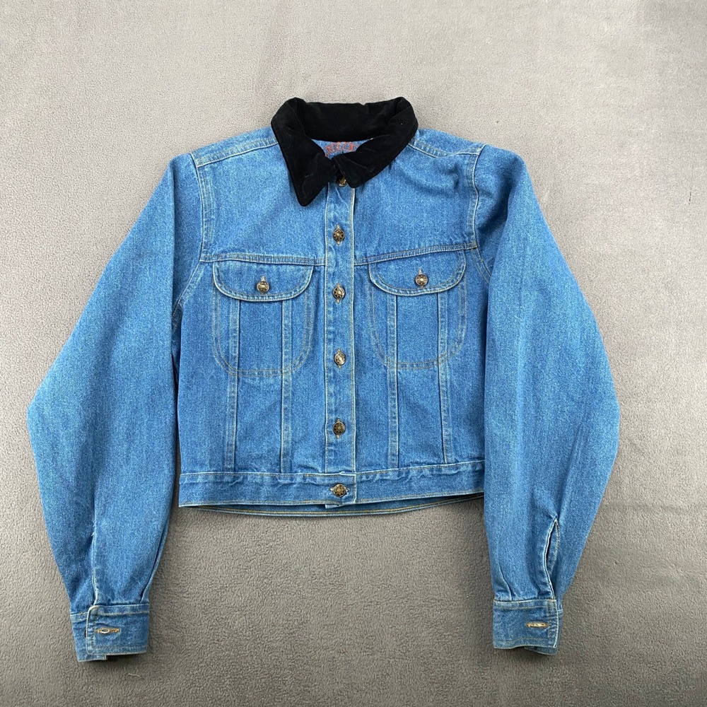 Tangibles Womens Denim Trucker Jacket Medium Wash Velvet Collar Cropped Blue